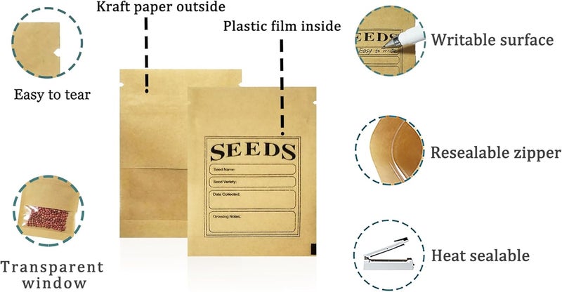 MITOB 100 Pack Clear Window Small Resealable Seeds Packets Coin Envelopes 2.75x3.74 inch Brown Kraft Paper Sample Bag with Preprinted Seed Collecting Template for Seed Storage Organizer - Image 3